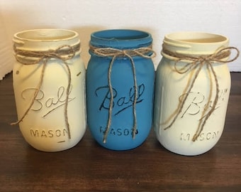 Coastal Jar Set, Winter blue jar table centerpiece, Painted mason jar decor, blue and white jar set, 3 pint mason jars, cool blue jar set