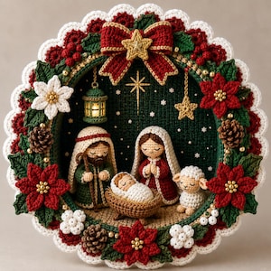 May include: A circular crochet nativity scene framed by a wreath of red poinsettias, green leaves, pinecones, and white berries. The centre features crocheted figures of two adults and a baby in a manger, a small sheep, a lantern, and a star.