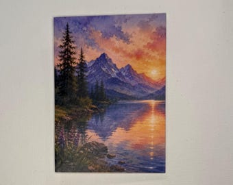 Tarjeta artística ACEO de puesta de sol en la montaña, pintura en miniatura de paisaje lacustre, arte de naturaleza coleccionable