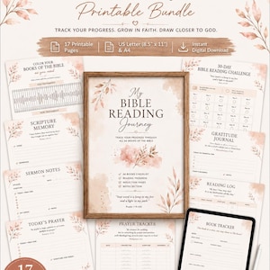 Könnte beinhalten: Ein 17-seitiges, ausdruckbares Bibel-Lesejournal-Set mit einer neutralen Farbpalette und Aquarell-Blattillustrationen. Die Seiten enthalten eine 30-Tage-Lese-Challenge, Platz für Predigtnotizen, einen Gebetstracker und einen Buch-Tracker.
