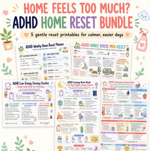 Könnte beinhalten: Ein digitales Set aus fünf druckbaren Checklisten und Planern für den ADHD-Hausputz. Die Dokumente enthalten farbenfrohe Überschriften, Symbole und Texte wie ADHD Weekly Home Reset Planner, ADHD Whole House Mini Reset und ADHD Low-Energy Cleaning Checklist.