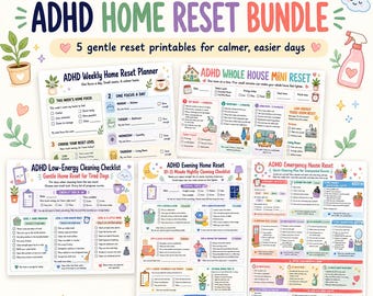Pakiet „ADHD Home Reset”, 5 list kontrolnych do sprzątania do wydrukowania (wersja cyfrowa do pobrania)