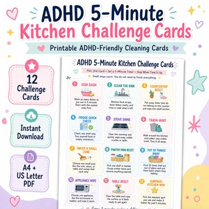 Puede incluir: Un conjunto de tarjetas de desafío de cocina de 5 minutos para TDAH con 12 tareas imprimibles. El documento incluye instrucciones para lavar platos, limpiar el fregadero, ordenar la encimera, revisar el refrigerador y sacar la basura.