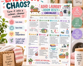 Lista kontrolna do czyszczenia pralni z ADHD do wydrukowania w formacie PDF, planer prania i organizacji domu