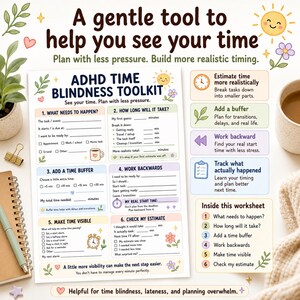 Puede incluir: Una hoja de trabajo blanca titulada ADHD time blindness toolkit con seis secciones numeradas para planificar tareas, estimar tiempo, a&ntilde;adir m&aacute;rgenes, trabajar hacia atr&aacute;s, visualizar el tiempo y verificar estimaciones, decorada con iconos coloridos.