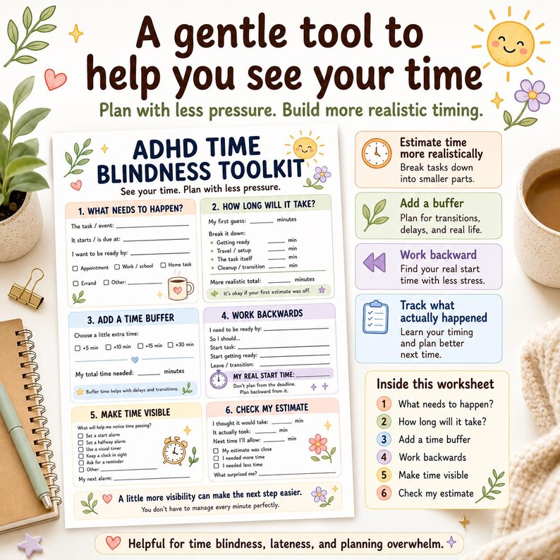 Puede incluir: Una hoja de trabajo blanca titulada ADHD time blindness toolkit con seis secciones numeradas para planificar tareas, estimar tiempo, a&ntilde;adir m&aacute;rgenes, trabajar hacia atr&aacute;s, visualizar el tiempo y verificar estimaciones, decorada con iconos coloridos.