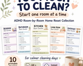 Kolekcja poradników „Resetuj dom po pokoju” dla osób z ADHD, 10 list kontrolnych dotyczących sprzątania do wydrukowania w formacie PDF, planer organizacji domu