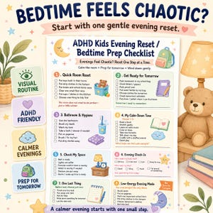 Può includere: Una lista di controllo per la routine serale dei bambini con ADHD con otto passaggi numerati e icone. Il documento include sezioni per il riordino, l'igiene e la calma, decorato con stelle, una luna e un'illustrazione di un orsacchiotto.