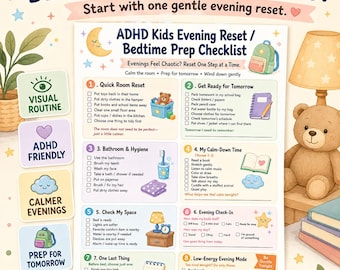 Lista kontrolna wieczornego resetu dla dzieci z ADHD, wizualna rutyna przed snem (do pobrania w formacie PDF)