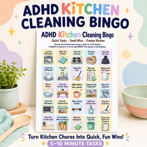 Könnte beinhalten: Eine weiße, rechteckige ADHD Kitchen Cleaning Bingo-Spielkarte mit einem Raster aus fünfundzwanzig bunten Quadraten, die Illustrationen und Texte für Haushaltsaufgaben wie Load the Dishwasher, Clean the Stovetop und Take Out the Trash enthalten.