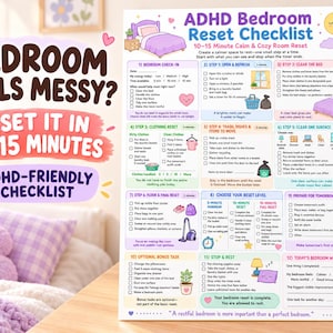 May include: A white paper ADHD Bedroom Reset Checklist with purple and blue text, featuring twelve numbered steps for room organization, illustrated with icons of beds, laundry, and cleaning supplies, and the title ADHD Bedroom Reset Checklist.