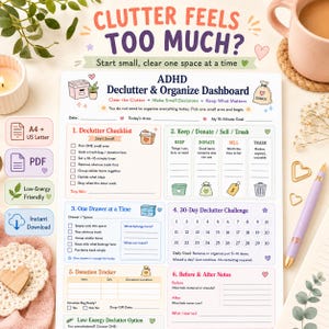 Puede incluir: Una hoja de planificación blanca ADHD Declutter & Organize Dashboard con secciones para una lista de verificación, categorías de clasificación, un desafío de 30 días, un rastreador de donaciones y notas de antes y después con iconos coloridos.