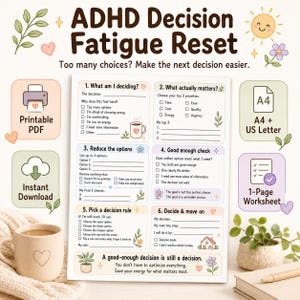 Puede incluir: Una hoja de trabajo blanca ADHD Decision Fatigue Reset con seis pasos numerados, casillas de verificación e ilustraciones florales. El texto incluye 'Too many choices? Make the next decision easier.' y 'A good-enough decision is still a decision.'