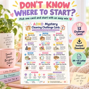 Peut inclure: Une feuille imprimée intitulée ADHD Mystery Cleaning Challenge Cards présentant douze tâches numérotées avec des illustrations, des instructions de jeu et des catégories de cartes. La feuille inclut des icônes de boîte mystère et de minuteur.
