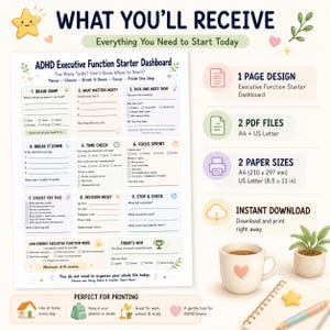 May include: An ADHD Executive Function Starter Dashboard printable planner page with nine task management sections, including Brain Dump and Focus Sprint, alongside icons for 1 page design, 2 PDF files in A4 and US Letter sizes, and instant download.