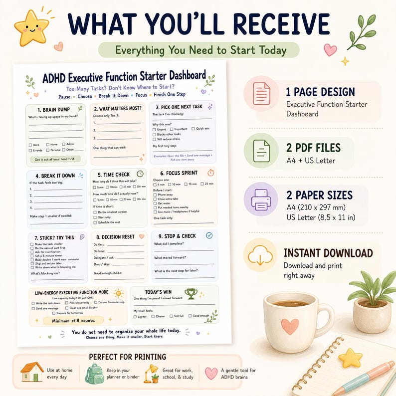 May include: An ADHD Executive Function Starter Dashboard printable planner page with nine task management sections, including Brain Dump and Focus Sprint, alongside icons for 1 page design, 2 PDF files in A4 and US Letter sizes, and instant download.