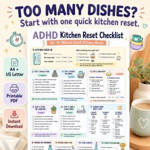Op de afbeelding: Een printbare ADHD-keukenreset-checklist met zeven stappen voor het schoonmaken, inclusief secties voor afval, vaat, aanrecht en vloeronderhoud. Het document bevat tekst, iconen en selectievakjes om de voortgang bij te houden.
