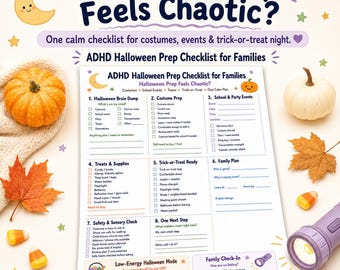 Lista kontrolna przygotowań do Halloween dla osób z ADHD, planer dla rodziny uwzględniający bodźce sensoryczne (PDF)