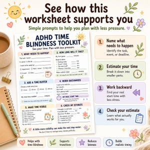 Puede incluir: Una hoja de trabajo ADHD Time Blindness Toolkit con seis secciones numeradas que incluyen indicaciones para la planificaci&oacute;n de tareas, estimaci&oacute;n de tiempo y gesti&oacute;n del tiempo. El documento presenta cajas de colores pastel e ilustraciones florales.