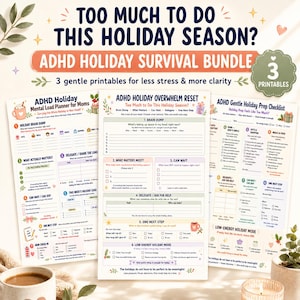 Peut inclure: Un ensemble de survie pour les fêtes ADHD comprenant trois planificateurs imprimables avec des accents pastel. Les documents incluent un planificateur de charge mentale, une réinitialisation du trop-plein et une liste de contrôle.