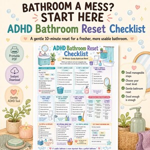 Puede incluir: Una lista de control digital ADHD Bathroom Reset con doce pasos, incluyendo tareas de limpieza para el lavabo, el espejo y la ducha. El documento presenta ilustraciones coloridas de accesorios de baño, plantas y burbujas sobre un fondo crema.