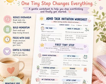 ADHD Task Initiation Worksheet, Gentle Printable for Task Paralysis, Executive Function Tool (PDF)
