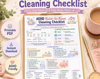 Lista kontrolna sprzątania pokoju po pokoju w przypadku ADHD, pokój po pokoju, reset domu do druku w formacie PDF