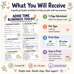 Puede incluir: Una hoja de trabajo imprimible ADHD Time Blindness Toolkit con seis secciones para la gesti&oacute;n del tiempo, incluyendo indicaciones para planificar tareas y m&aacute;rgenes de tiempo. El documento incluye formatos A4 y US Letter en mil&iacute;metros.