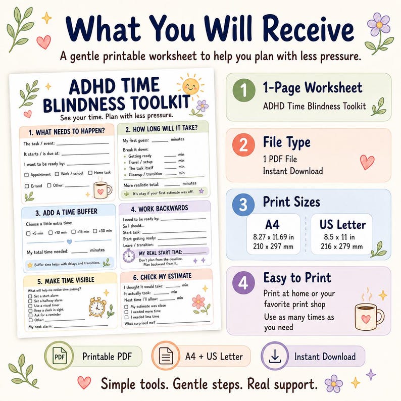 Puede incluir: Una hoja de trabajo imprimible ADHD Time Blindness Toolkit con seis secciones para la gesti&oacute;n del tiempo, incluyendo indicaciones para planificar tareas y m&aacute;rgenes de tiempo. El documento incluye formatos A4 y US Letter en mil&iacute;metros.