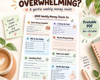 Tygodniowy przegląd finansów dla osób z ADHD do druku, delikatny planer finansowy (do pobrania w wersji cyfrowej)