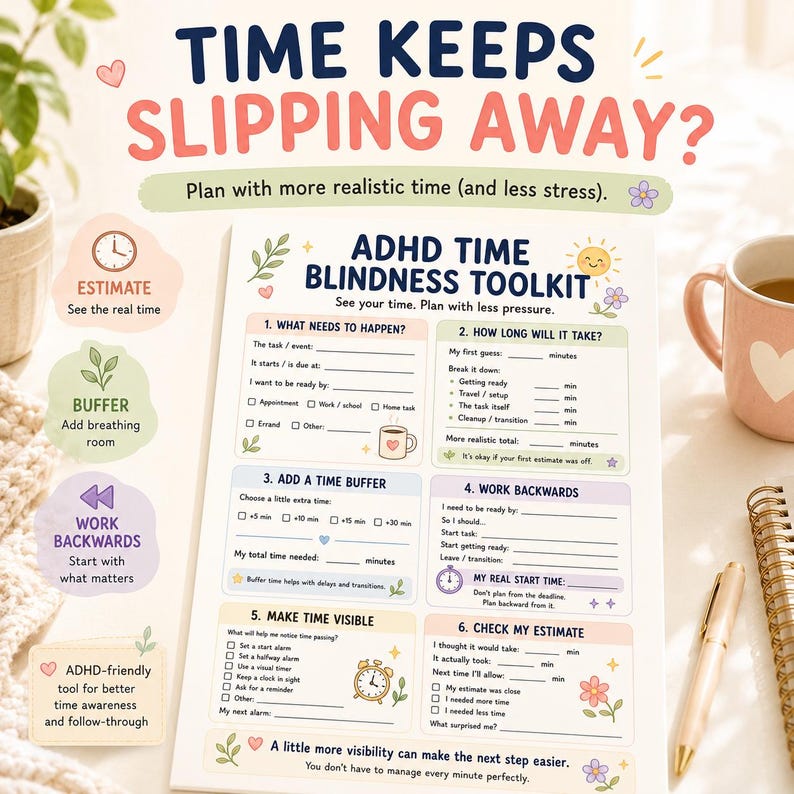 Puede incluir: Una p&aacute;gina de planificador ADHD Time Blindness Toolkit impresa con seis secciones para la gesti&oacute;n del tiempo. El documento incluye indicaciones de texto para tareas, estimaciones de tiempo, m&aacute;rgenes y planificaci&oacute;n inversa, decorado con iconos florales.