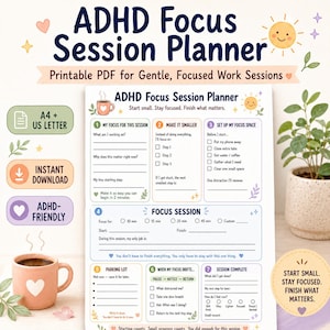 Puede incluir: Un documento PDF imprimible ADHD Focus Session Planner que presenta siete secciones estructuradas para la gestión de tareas, incluyendo objetivos de enfoque, desglose de pasos, seguimiento de distracciones y notas de finalización de sesión.