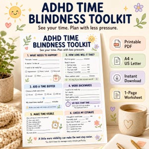 Kit d'outils imprimable pour la gestion du temps chez les personnes atteintes de TDAH, fiche de travail sur la gestion du temps pour les personnes atteintes de TDAH, planificateur des fonctions exécutives, retards et estimation du temps (PDF)
