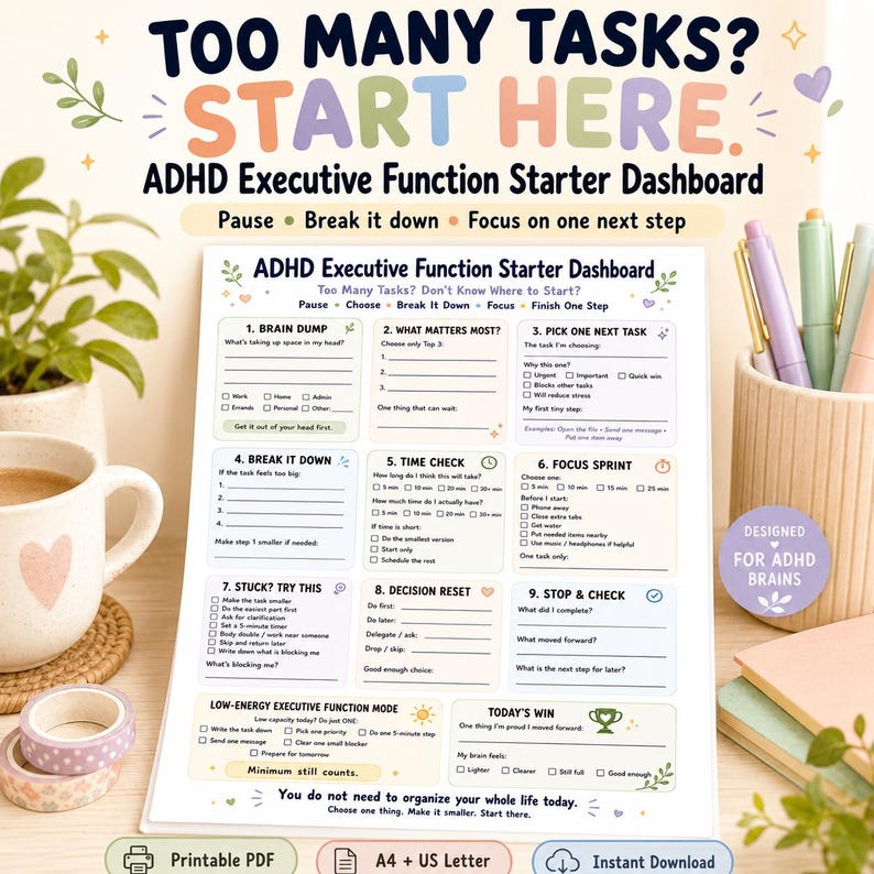 May include: A white paper ADHD Executive Function Starter Dashboard with nine numbered sections including Brain Dump, Break It Down, and Focus Sprint. The document features pastel-colored headers, checkboxes, and lines for writing tasks and goals.