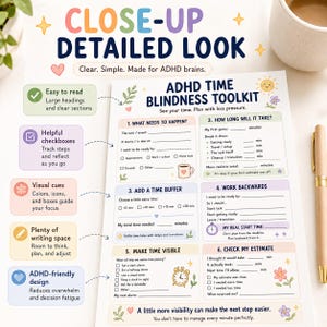 Puede incluir: Una p&aacute;gina de planificador ADHD time blindness toolkit impresa con seis secciones numeradas, l&iacute;neas para completar y casillas de verificaci&oacute;n. El documento incluye encabezados de colores pastel, iconos de sol, flores, una taza de caf&eacute; y un reloj, con indicaciones para la planificaci&oacute;n.