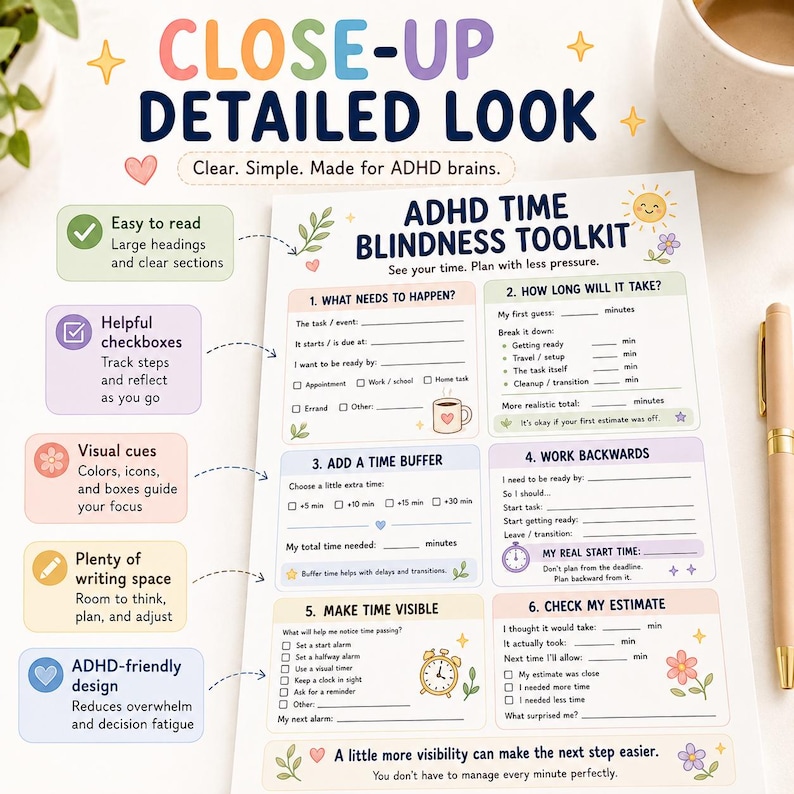 Puede incluir: Una p&aacute;gina de planificador ADHD time blindness toolkit impresa con seis secciones numeradas, l&iacute;neas para completar y casillas de verificaci&oacute;n. El documento incluye encabezados de colores pastel, iconos de sol, flores, una taza de caf&eacute; y un reloj, con indicaciones para la planificaci&oacute;n.