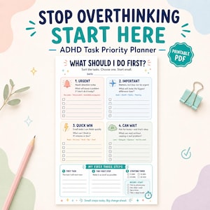 Op de afbeelding: Een printbaar ADHD-taakplannerblad met de titel STOP OVERTHINKING START HERE. Het document bevat vier kleurgecodeerde secties met de labels URGENT, IMPORTANT, QUICK WIN en CAN WAIT, plus een MY FIRST THREE STEPS-sectie aan de onderkant.