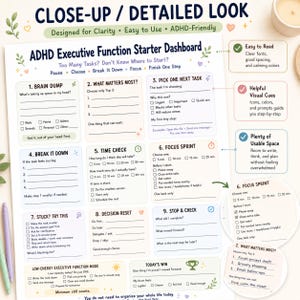 May include: An ADHD Executive Function Starter Dashboard planner sheet with nine numbered sections including Brain Dump, Pick One Next Task, and Focus Sprint. The document features pastel-colored boxes, checkboxes, and prompts to organize daily tasks.