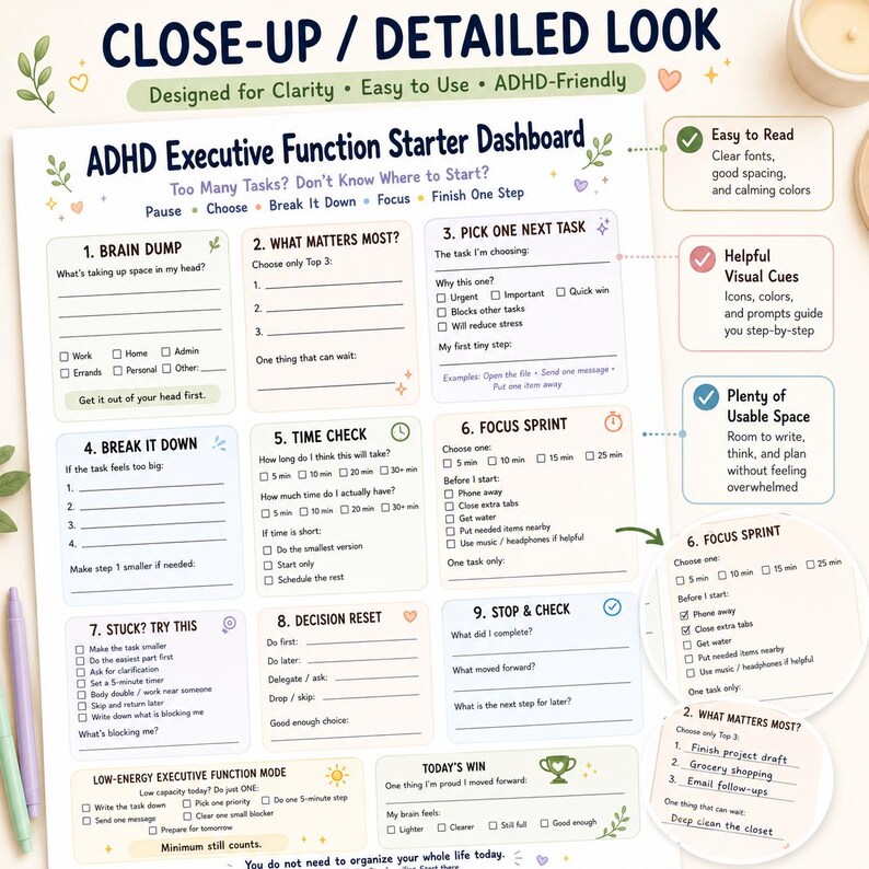 May include: An ADHD Executive Function Starter Dashboard planner sheet with nine numbered sections including Brain Dump, Pick One Next Task, and Focus Sprint. The document features pastel-colored boxes, checkboxes, and prompts to organize daily tasks.