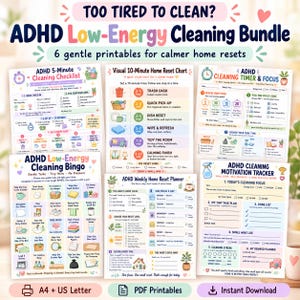 May include: A digital bundle of six printable ADHD cleaning checklists, charts, and trackers. The documents feature colorful icons, text headers like ADHD Low-Energy Cleaning Bundle, and structured layouts for organizing home cleaning tasks.