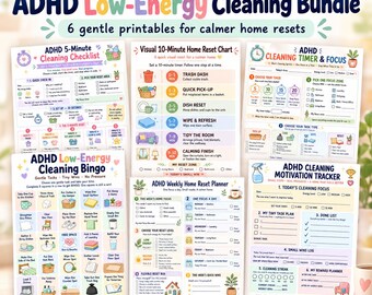 ADHD-paket med låg energiförbrukning av städning, 6 utskrivbara checklistor, timers, bingo (PDF)