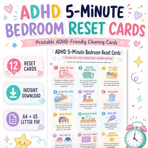 Puede incluir: Un conjunto de 12 tarjetas de reinicio de dormitorio de 5 minutos para TDAH con tareas de limpieza imprimibles. Las tarjetas incluyen instrucciones para tareas como hacer la cama, despejar el suelo y recoger basura, en un formato de cuadrícula.