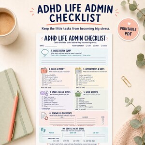 ADHD Life Admin Checklista, Planerare för exekutiva funktioner, Vuxenorganisatör PDF
