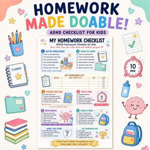 ADHD Homework Checklist for Kids, Visual Study Routine and Focus Timer, Printable PDF