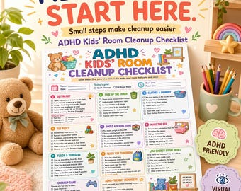 Lista kontrolna sprzątania pokoju dziecięcego z ADHD do druku, tabela obowiązków, rutyna wizualna (format PDF A4 US Letter)