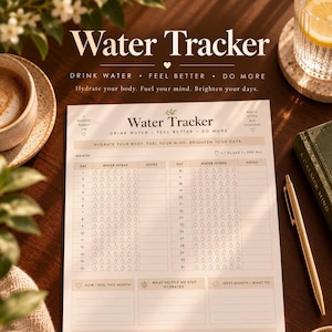 May include: A white paper water tracker sheet with black text and grid lines. The header reads Water Tracker, Drink Water, Feel Better, Do More, and Hydrate your body. Fuel your mind. Brighten your days. It includes columns for days 1-31, water intake icons, and notes.