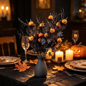 May include: A matte black vase holds a decorative arrangement of bare black branches adorned with small orange jack-o'-lanterns and black fabric leaves. The arrangement features multiple miniature pumpkin faces with carved expressions.