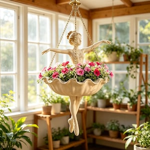 May include: A hanging planter featuring a cream-colored ballerina figurine with arms extended, holding a scalloped bowl filled with vibrant pink and purple petunia flowers, suspended by three gold-toned metal chains from a central hook.