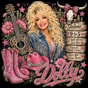 Könnte beinhalten: Eine grafische Illustration mit einer blonden Frau in einer Jeansjacke mit Fransen, einer akustischen Gitarre mit Leopardenmuster, rosa Cowboystiefeln, einem rosa Hut und einem Kuhschädel. Der Text umfasst Jolene, 9 to 5, I Will Always Love You, Coat of Many Colors, Here You Come Again und Dolly.