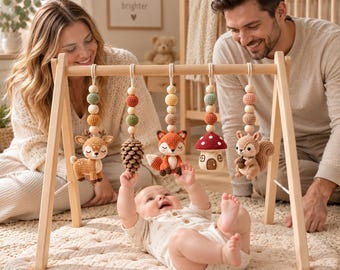 Wooden Baby Gym with Crochet Woodland Animals, Montessori Sensory Play, Forest Nursery Decor